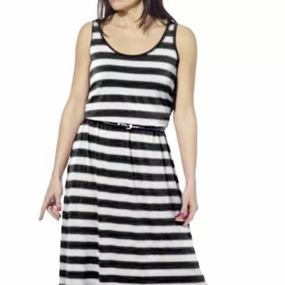 NWT FEVER Maxi Sleeveless Belted Long Dress Silver Black Striped Size M Medium